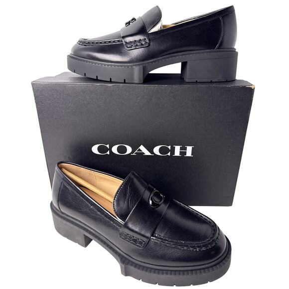 Coach Leah Platform Loafer CB990 Slip On Womens Size 7.5 Black Leather Logo - Picture 1 of 12